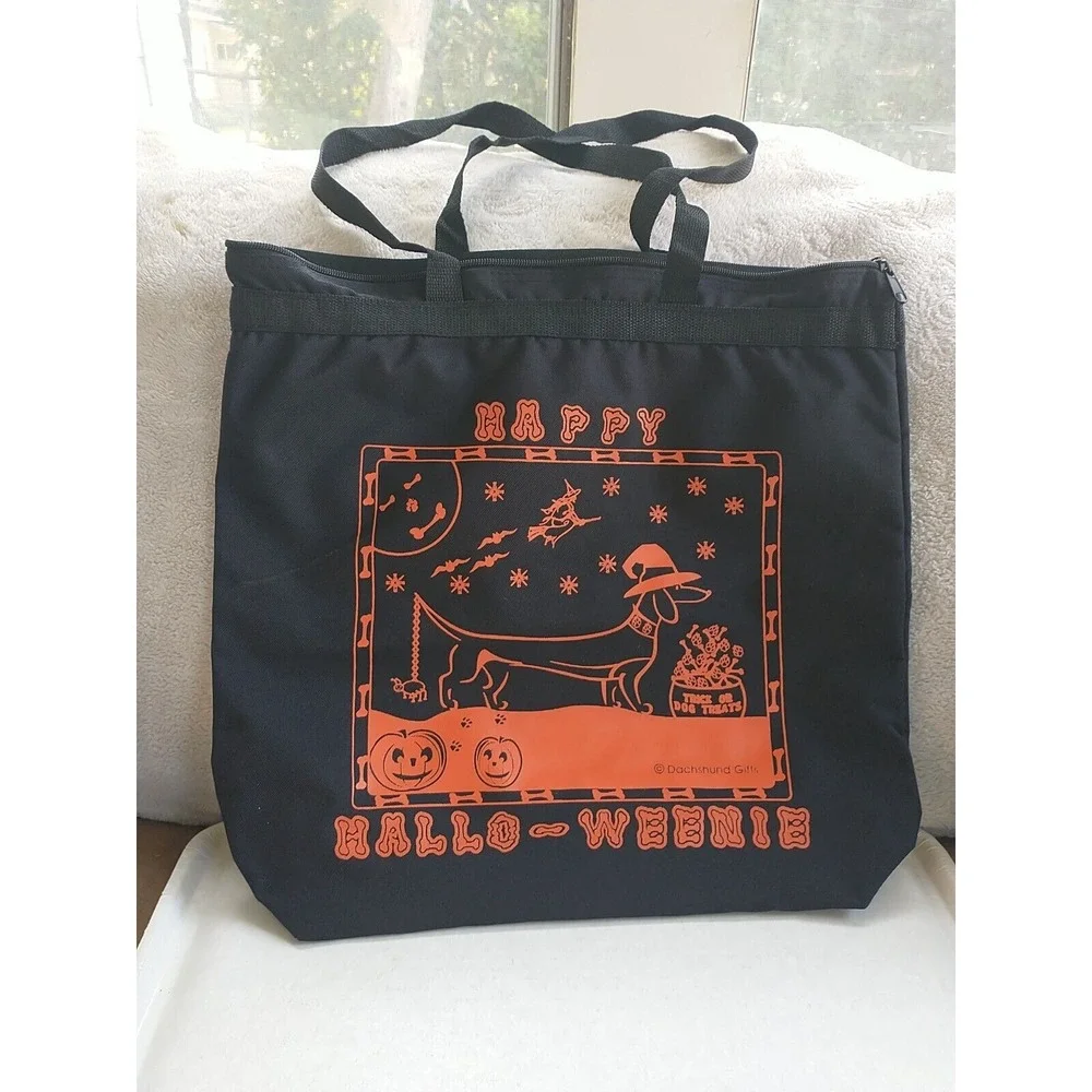 Halloween Tote Bag Dachshund Dog Witch Reusable Weenie Handbag Dapple Doxie